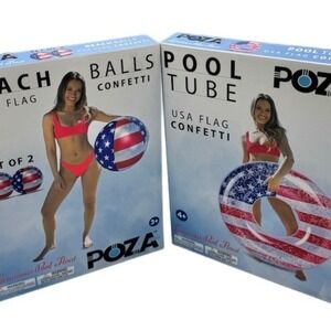 POZA Pool Tube and Beach Ball Set Red White Blue USA Flag Confetti Beach Pool